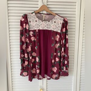 Matilda Jane Burgundy Floral Lace Long Sleeve Blouse Medium
